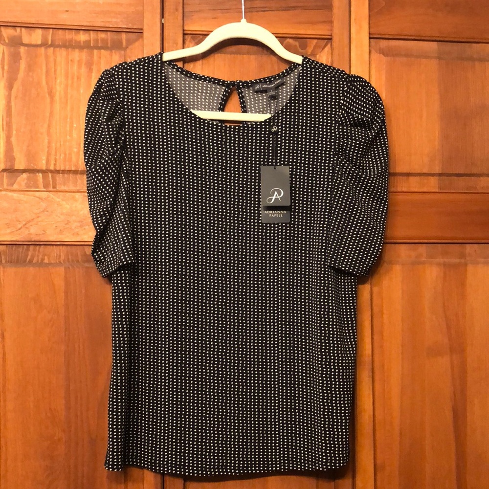 Adrianna Papell pleated sleeve knot top polka dot